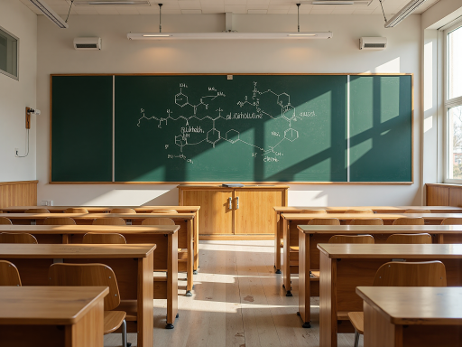 现代化教室内部场景，整齐排列的桌椅，前方有投影屏幕正在播放课件，教师站在讲台前授课，学生们专注听讲，黑板上有彩色粉笔书写的教学内容