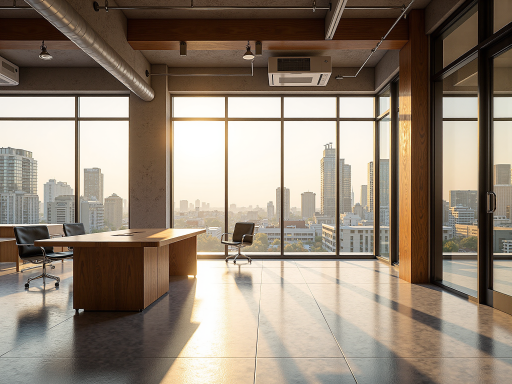 现代办公环境室内场景，宽敞明亮的会议室，木质桌椅，墙上挂有企业文化标语，阳光透过大窗户洒入室内，营造出积极向上的工作氛围